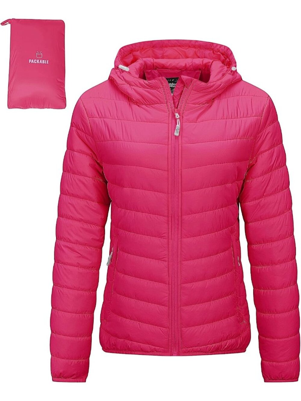 Womens Hot Pink Solid Packable Hooded Full-Zip Warm Winter Quilted Puffer Jacket
